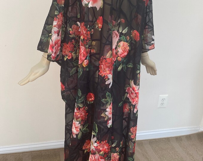 Floral Jacquard Caftan. Women's Red and Black Printed Summer Maxi Kaftan. Semi Sheer. One Size.