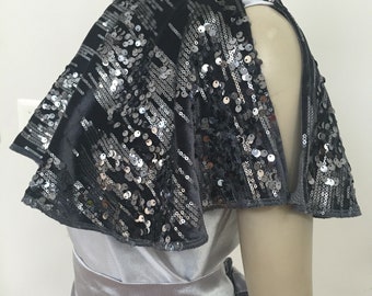 Graphite Gray Velvet and Silver Sequin Cape. Women's Sparkly Evening Cover. Formal Fancy Capelet. Sequin Top Layers. Gifts for Her.