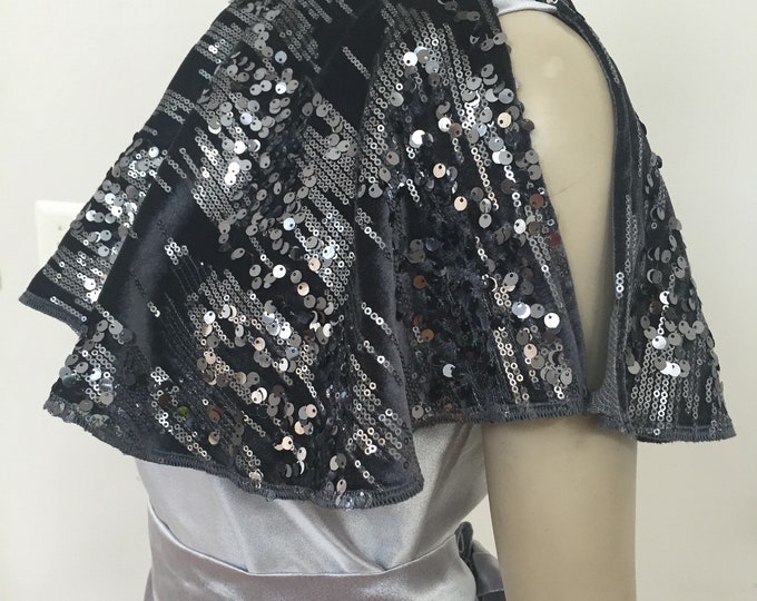 Gray Velvet and Silver Sequin Cape. Women's Sparkly Evening Cover. Formal Fancy Capelett. Black Sequin Top Layer. Gifts for Her.