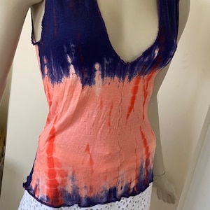 Orange Tie Dye Jersey Knit V-Neck Summer Top. Sleeveless Scoop Neck Stretch Top. Women&#39;s Boho Tops.