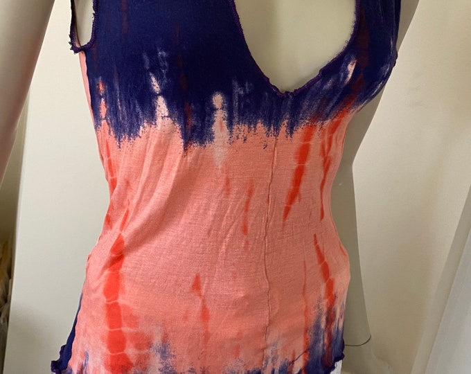 Orange Tie Dye Jersey Knit V-Neck Summer Top. Sleeveless Scoop Neck Stretch Top. Women's Boho Tops.