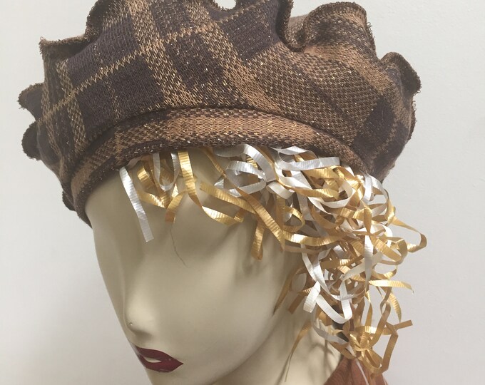 Woman's Brown and Gold Knit Beret. Rust Brown Knit Hat. Women's Autumn Hats in Stretch Knit.