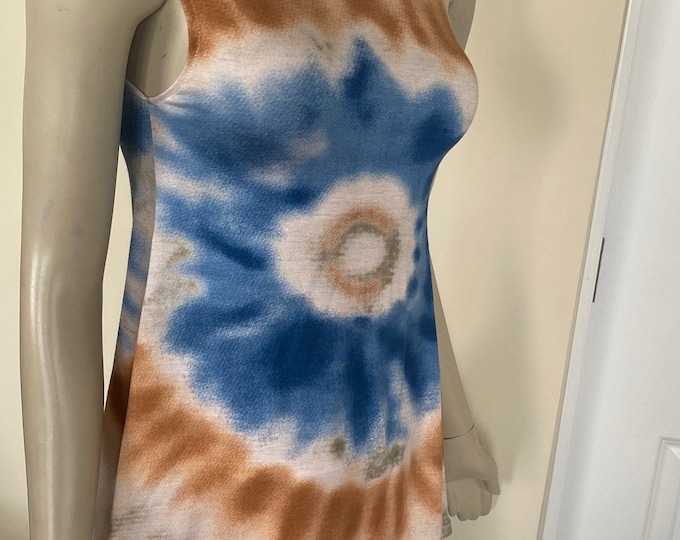 Blue Cotton Rayon A-Line Tie Dye Sleeveless Tank Top. Stretch-fit Summer Tank Top, Boho Beach Top. Resort Top or Bikini Cover.