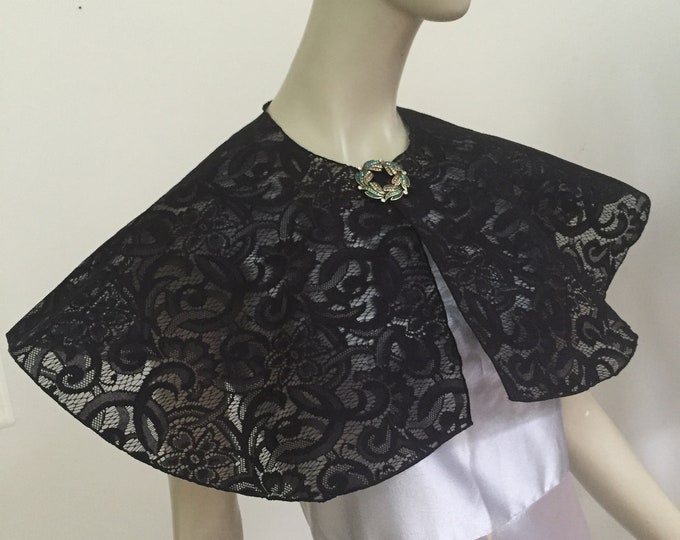 Elegant Black Organdy Lace Flared Cape. Sheer Nylon Wedding Shrug. Bridal Shrug. Women's Formal Covers.