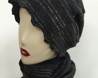 Silver Stripe Slouchy Knit Hat and Scarf Set for Women. Women's Chic and Trendy Beanie Hats and Scarves. One Size. Holiday Gifts for Her.