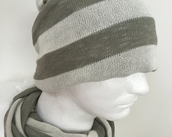 Gentleman's Olive and Creme Slouchy Hat and Scarf Set. Men's Large Knitted Beanie Hat and Infinity Scarves Set. Acrylic Hat. Gift for Him