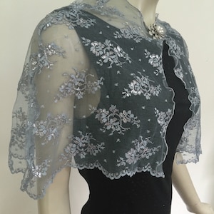 Dainty Teal and Sparkly Silver Lace Cape. Glittery Floral Lace Wedding Shrug. Women's Elegant Sheer Covers. Size S-L.