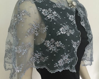 Dainty Teal and Sparkly Silver Lace Cape. Glittery Floral Lace Wedding Shrug. Women's Elegant Sheer Covers. Size S-L.