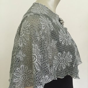 Antique Silver Floral Crochet Lace Cape. Women&#39;s Sparkly Evening Shrug. Boho Chic Tops. Gifts for Her.