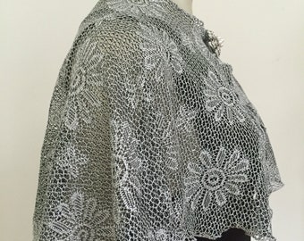 Antique Silver Floral Crochet Lace Cape. Women's Sparkly Evening Shrug. Boho Chic Tops. Gifts for Her.