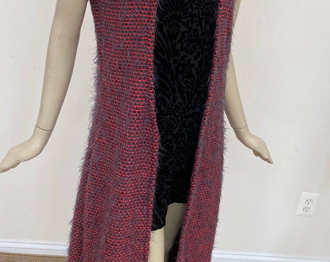 Red Mohair Long Sleevelee Cardigan. Open Front Fluffy Knit Duster. Transitional Layering Piece. Sleeveless Spring Jacket.