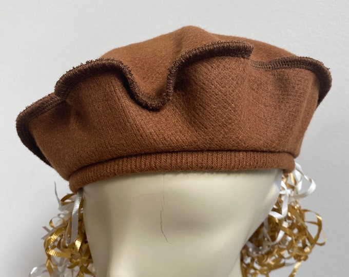 Rustic Brown Brushed Rib Wool Knit Beret with Copper Sequin Trim. Cognac Soft Rib Winter Hat. Women's Autumn Hats in Stretch Knit.