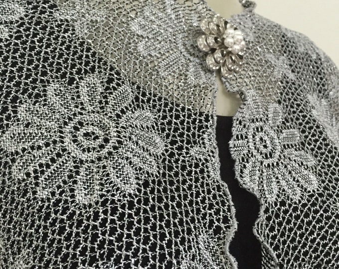 Antique Silver Floral Crochet Lace Cape. Women's Sparkly Evening Shrug. Boho Chic Tops. Gifts for Her.