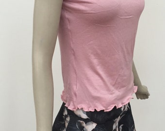 Blush Pink Jersey Knit Turtle Neck with Cap Sleeves. Baby Pink Stretch Jersey Knit Turtle Neck. Women's Cute Tops.