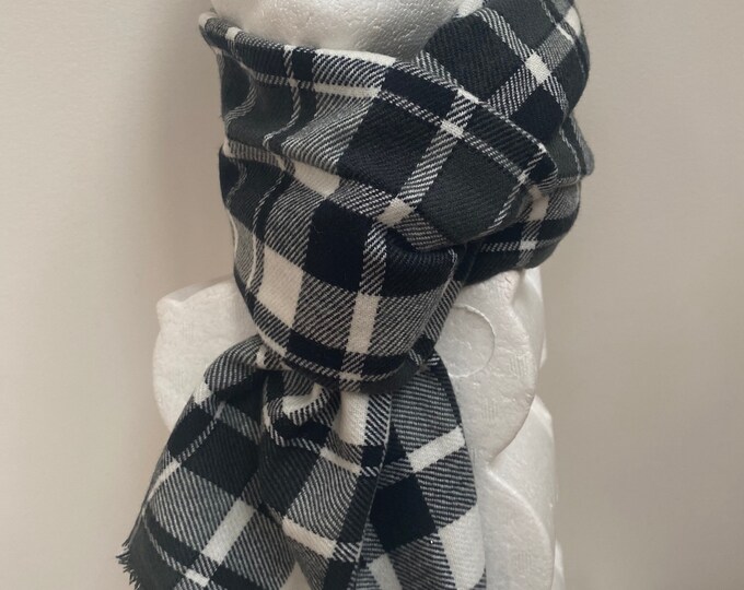 Gentleman"s Black and White Check Wool Blend  Fringe Scarf. Men's Wool Scarf. Rectangular Scarves for Men. Holiday Gifts for Him.