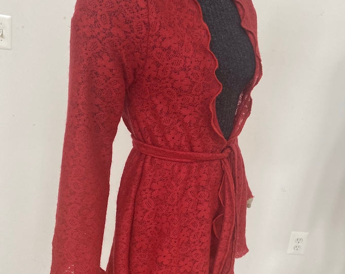 Red Acrylic Lace Long-sleeve Cardigan. Belted Tunic Cover. Light Lace Knit Jacket. Layering Piece for Spring and Summer.