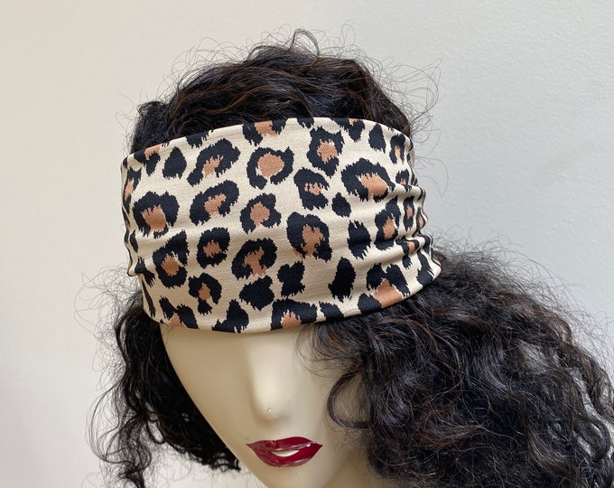 Tan Leopard PrintTurband. Stylish Hair Bands in Fashion Colors. Convertible Handmade Hair Scrunchies and Wristbands. One Size.