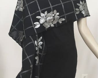 Extra Long Black and Silver Sequin Embroidered Wrap Scarf. Women's Elegant Black Squares and Sequin Scarf. Formal Evening Ladies Scarves.