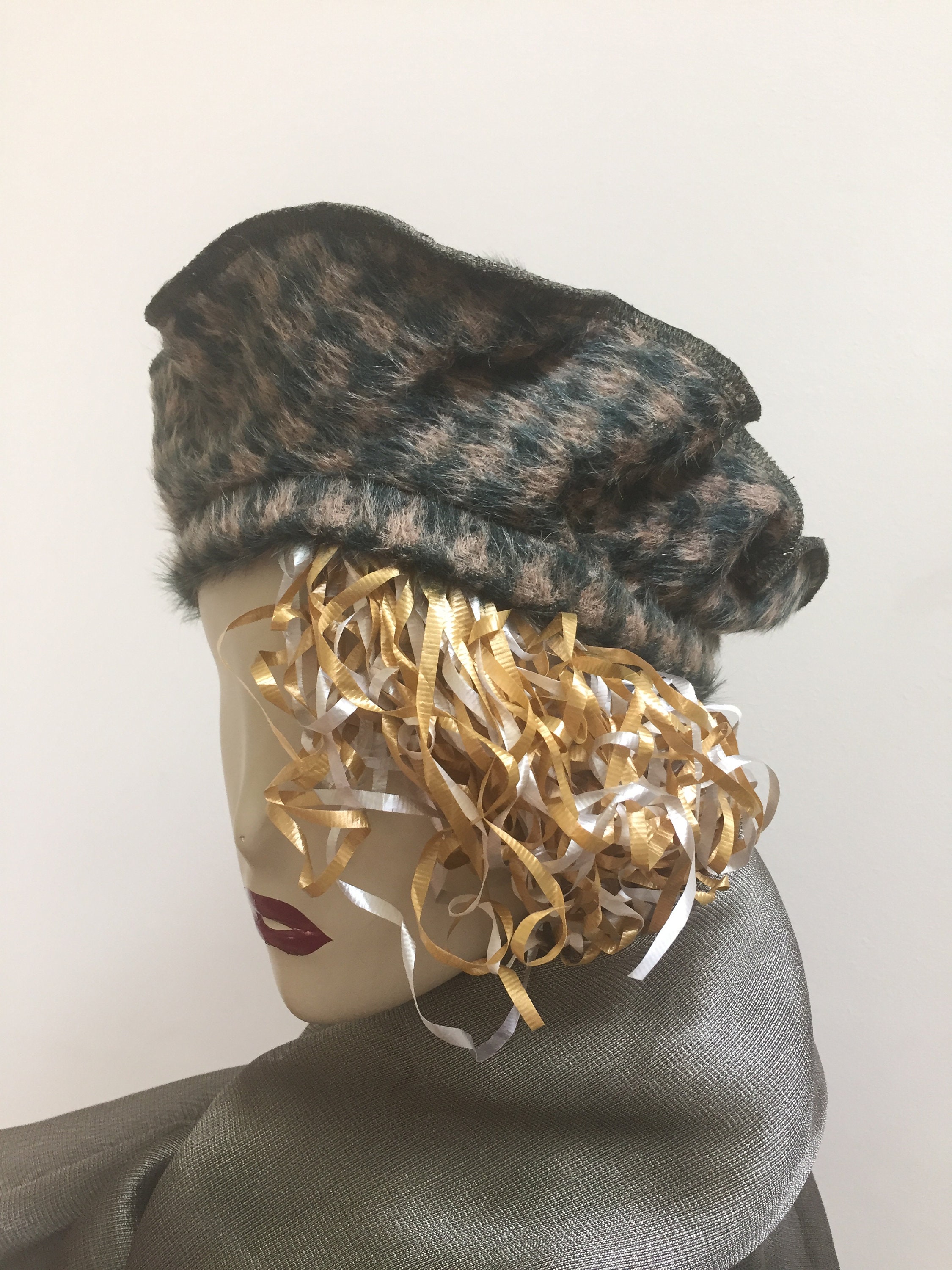Olive Wool Fur Houndstooth Beret Style Hat Green Short Hair