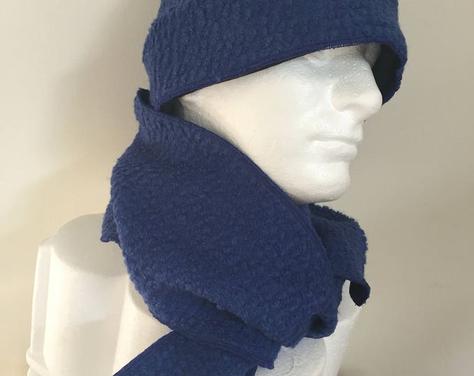 Gentleman's Blue Wool Beanie Hat and Scarf Set. Italian Wool Scarf and Slouchy Hat for Men. Special Gifts for Men.