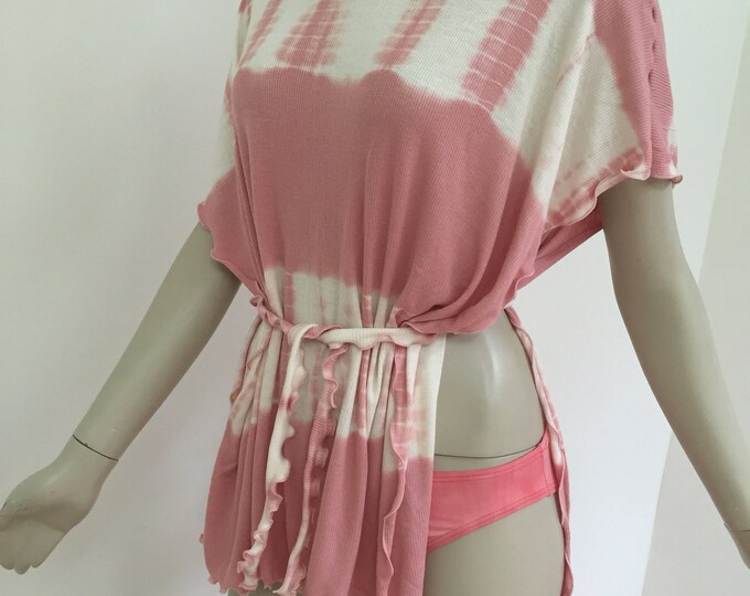 Tea Rose Tie-Dye Print Beach Dress. Open Side Summer Tunic. Light Pink Bikini Cover up.