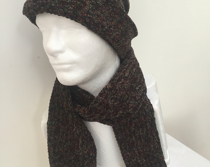 Gentlemen's Chenille Slouchy Beanie Fall and Winter Hat and Scard Set. Rustic Red Men's Knit Beanie Hat and Scarf. Holiday Gifts for Him.