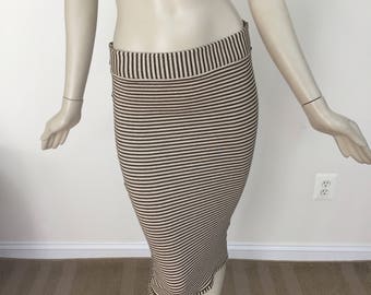 Women's Sparkly Brown White Gold Stripe Midi Skirt. Chic Midi Skirt to Sexy Sleeveless Mini Dress. Elegant Stretch Jersey Knit Evening Skirt