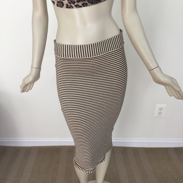 Women's Sparkly Brown White Gold Stripe Midi Skirt. Chic Midi Skirt to Sexy Sleeveless Mini Dress. Elegant Stretch Jersey Knit Evening Skirt