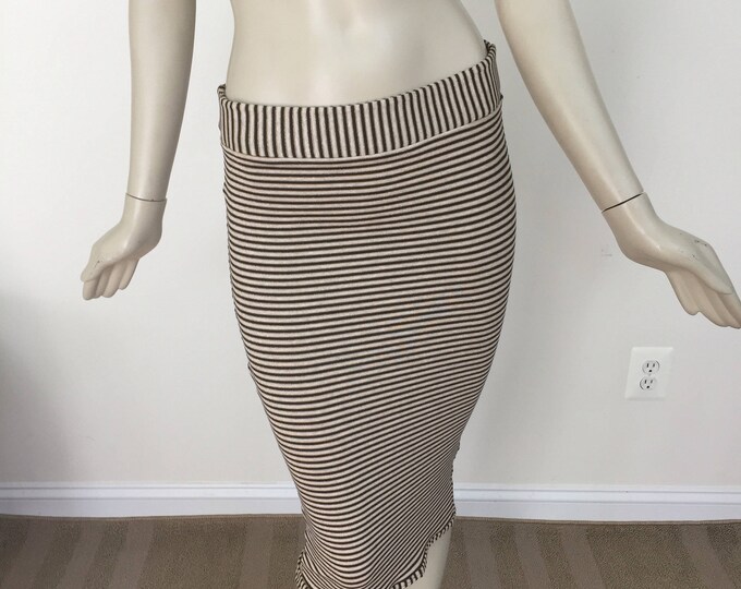Women's Sparkly Brown White Gold Stripe Midi Skirt. Chic Midi Skirt to Sexy Sleeveless Mini Dress. Elegant Stretch Jersey Knit Evening Skirt