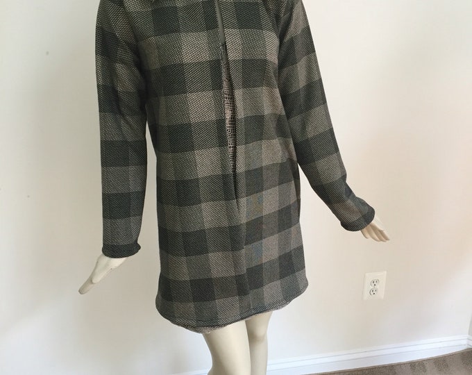 Black Houndstooth Dress Wool Coat. Check Pattern Long Sleeve Coat with Shawl Collar. A-Line Dress Coat