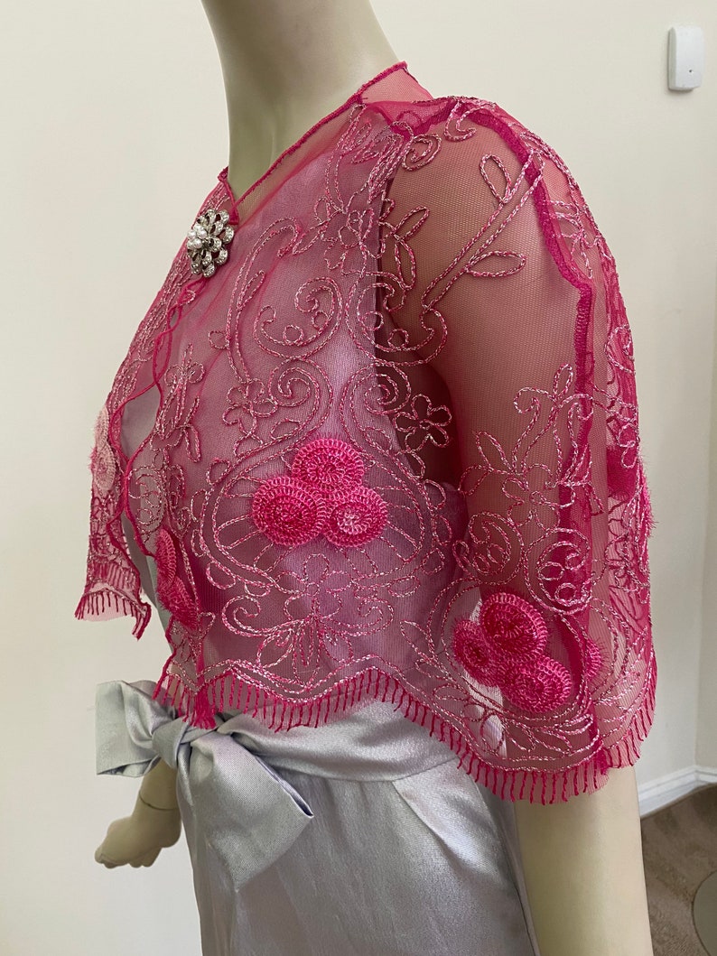 Fancy Bridal Cape Elegant Fuchsia and Silver Lace Cape Custom Sizes Available. Glittery Hot Pink Wedding Shrug Women/'s Formal Covers
