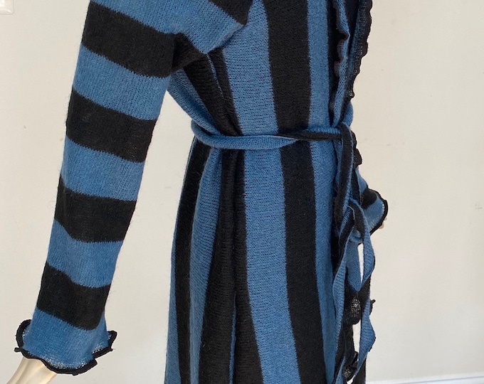 Dark Turquoise and Black Stripe Knit Cardigan. Long-sleeves. Asymmetrical hem. Bold Vertical Stripes. Layering Piece for Spring