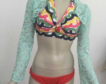 Orange Multi Halter Bikini Bathing Suit Set. Art Deco Swim Wear. Made to Order.