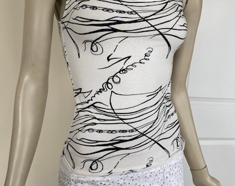 White and Black Cotton Stretch Jersey Sleeveless Tank Top. Abstract Print Women's Jersey Tank Top. White Casual Summer Top.