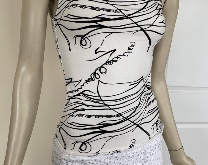 White and Black Cotton Stretch Jersey Sleeveless Tank Top. Abstract Print Women's Jersey Tank Top. White Casual Summer Top.
