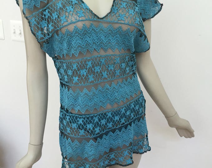 Turquoise Crochet Lace Beach Cover up. One-piece Beach Dress. Blue Lace Summer Dress. Bikini Cover-up.