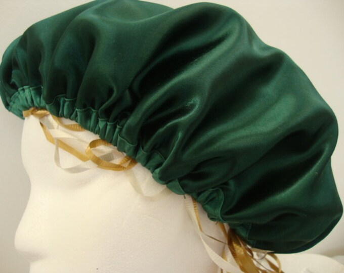 Woman's Soft Satin Sleep Cap-Green on Green. One Adult Size.