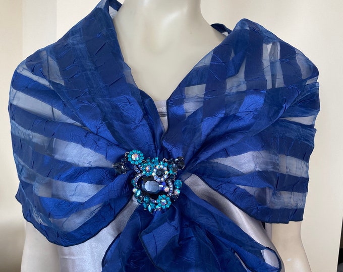Blue Stripe Crinkled Organza Scarf. Women's Semi Sheer Wrap Scarves. Elegant Shawl. Gifts for Her.