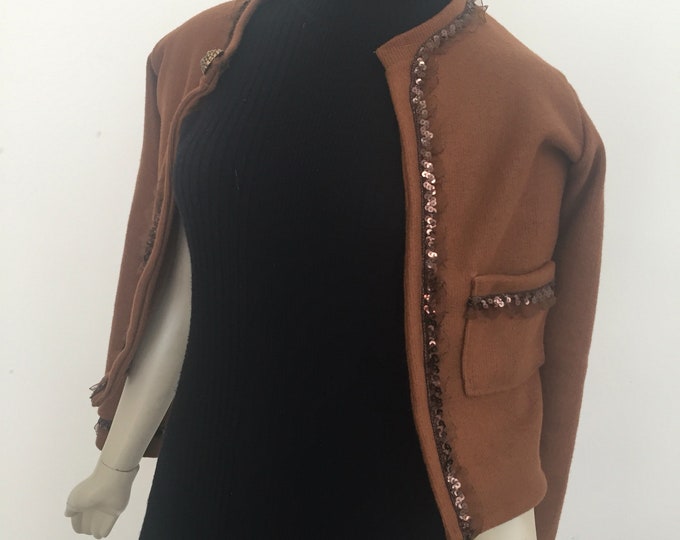 Rustic Brown Brushed Rib Wool Knit Cardigan. Copper Sequin Fancy Trim. Cognac Soft Rib Sweater. Women's Autumn Knit Layers and Tops.