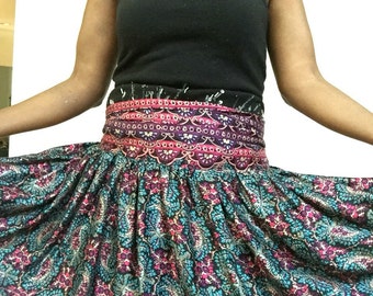 Floral Rayon Wrap Skirt. Blue and Red Border Print. Formal Occasion Gathered Skirts and Dresses. Gifts for Her