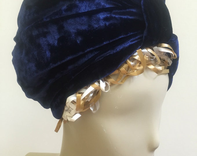 Woman's Blue Crushed Velvet Turban Hat. Elegant Turban in Soft Stretch Fit Velvet. Wear With or Without Hair.