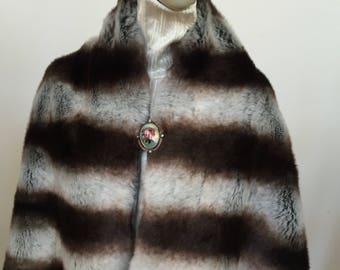 Woman's Brown Stripe Faux Fur Scarf. Brown and White Faux Fur Stole. Sustainable Fur Wrap. Elegant Gifts for Women.