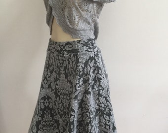 Gray Embossed Cotton Knit A-Line Midi Skirt. Grey Damask Stretch Knit Skirt. Women's Knee Length Skirts. Size S-M.
