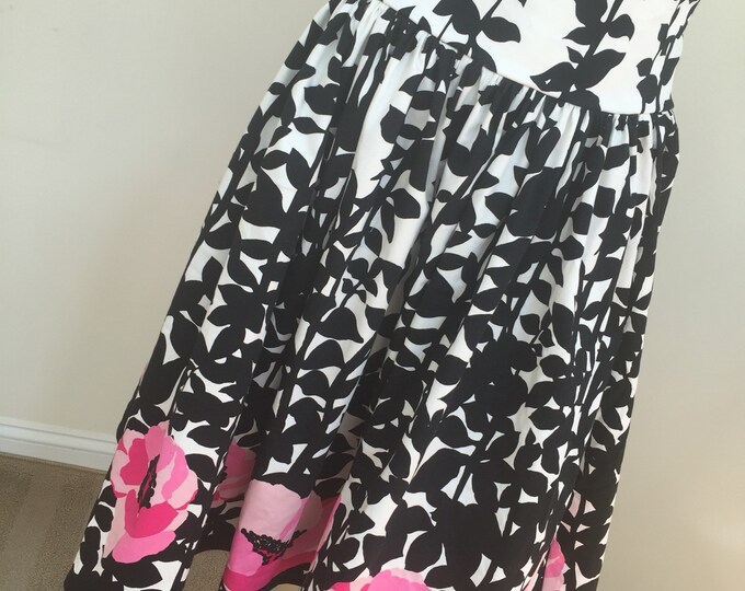 Bold Pink Floral Cotton Midi Skirt. Women's Bright Pink Gathered Skirt with 4" Waist Band. All Cotton Floral Skirt. Womens US Size 6.