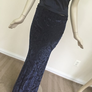 Navy Blue Sparkly Velvet Fitted Skirt. Damask Pattern Velvet Evening Skirt.