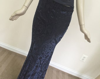 Navy Blue Sparkly Velvet Fitted Skirt. Damask Pattern Velvet Evening Skirt.