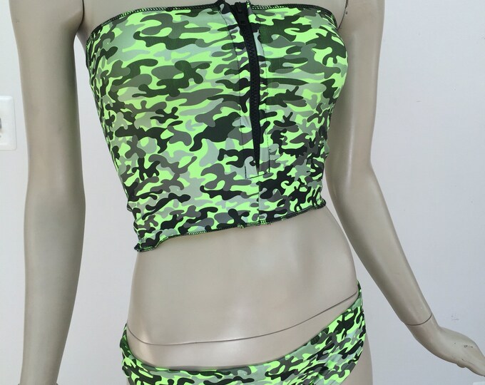 Green Camo Print Bikini Bathing Suit Set. Bright Green Swim Wear. Made to Order.