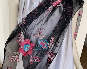 Pink Multi Floral Mesh Scarf. Women's Elegant  Sheer Wrap Scarves. Elegant Shawls. Gifts for Her.