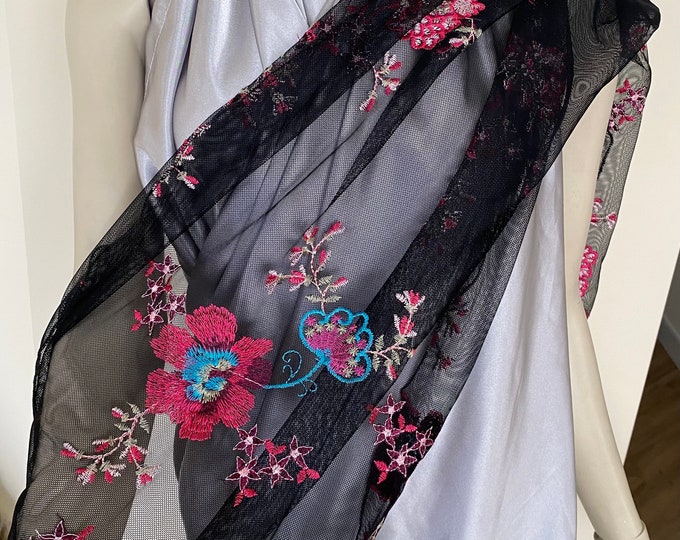 Pink Multi Floral Mesh Scarf. Women's Elegant  Sheer Wrap Scarves. Elegant Shawls. Gifts for Her.