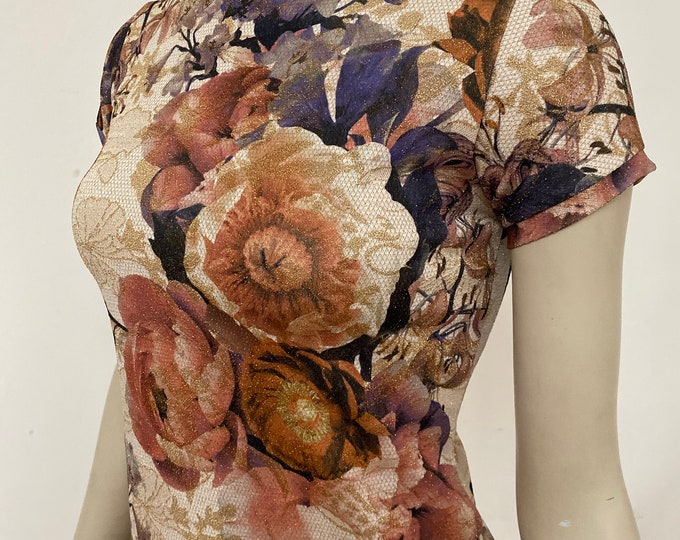 Autumn Flowers Glittery Sheath Turtleneck Dress. Cap Sleeves, Holiday Outfits. Made to Order.